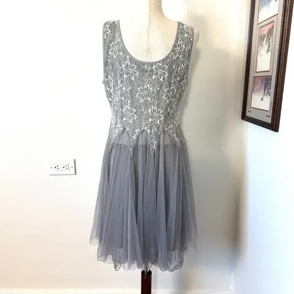 Ryu Gray Lace Tulle Fit Flare Dress L Prom Dance Romantic Balletcore Fairycore - Picture 6 of 12